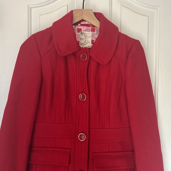Tulle | Wool Blend Cherry Red Mid Length Pea Coat Size XS Winter Cozy Holiday - Picture 3 of 8
